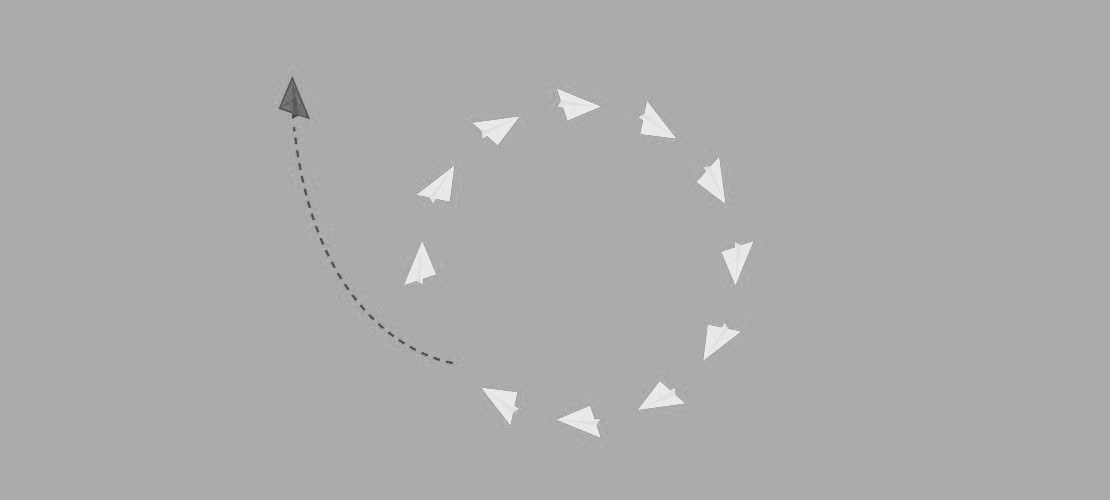 imagem de aviões de papel voando em círculo e 1 deles quebrando o padrão e saindo de formação - contraposição à visão do Sheikh Rashid sobre o Desenvolvimento humano